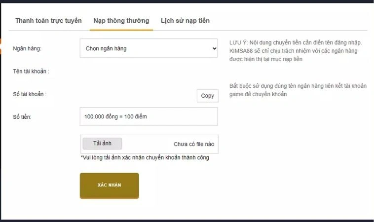 Giao diện nạp Ttền KimSa